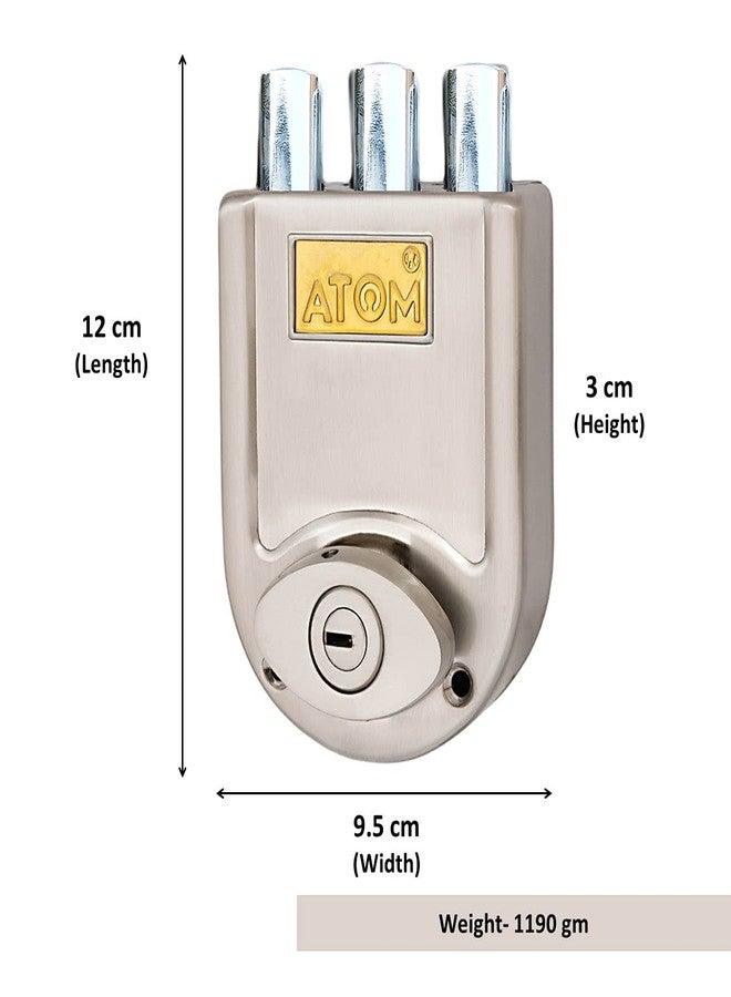 Atom Tri Bolt Main Door Lock with 4 Reversible Brass Keys | Silver Stain Finish, 12 x 9.5 x 3 cm | Heavy Duty Deadbolt Door Lock, Best Suitable for Double & Single Doors and Can Be Operated from Both Sides of Door, ML003 - Image 3